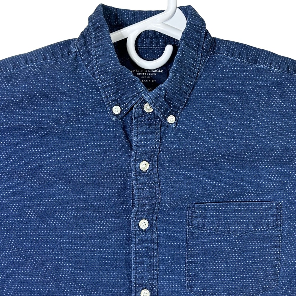 American Eagle Men's Classic Short Sleeve Button Down Shirt Size L Navy Dotted